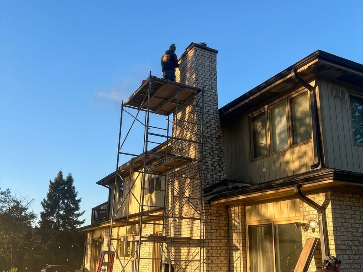 Masonry crew tuckpointing a residential exterior at dusk